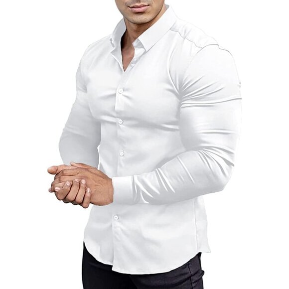 Men’s Muscle Fit Dress Shirts Athletic Slim Fit Long Sleeve Button Down Shirt - Picture 1 of 6